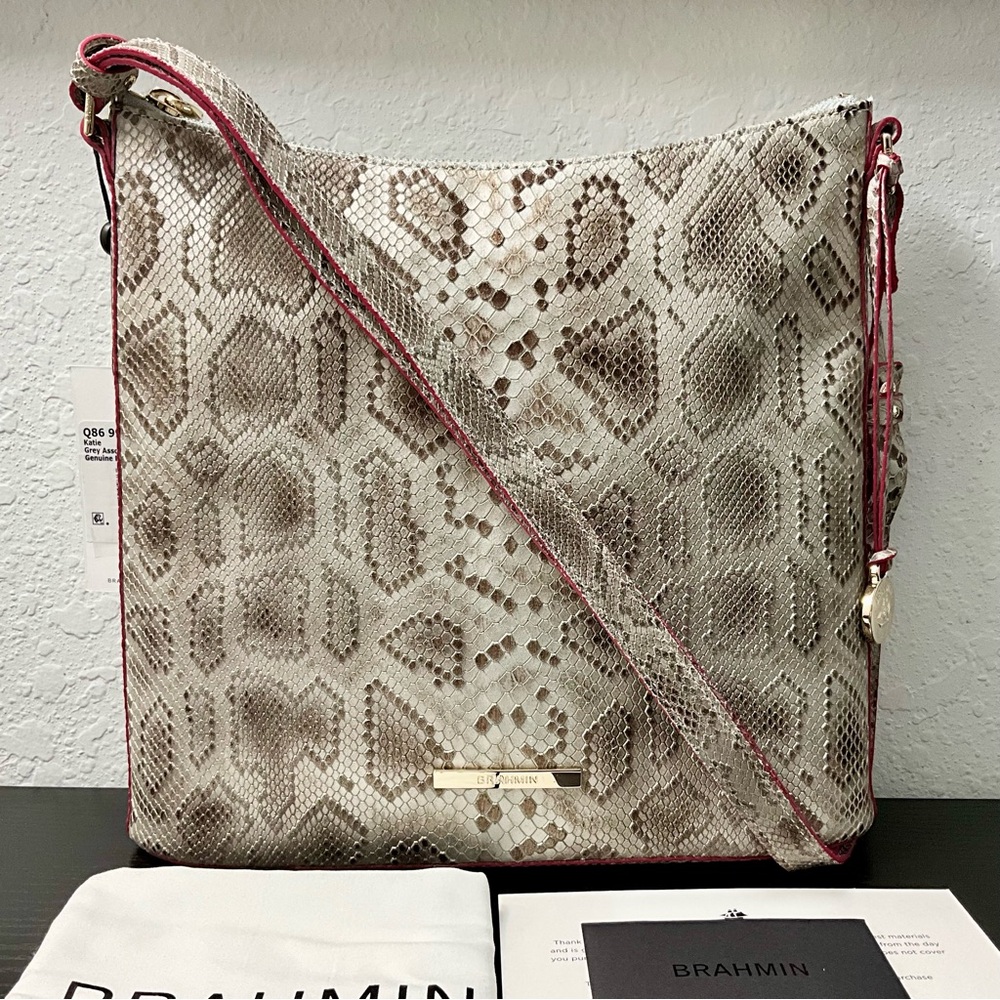 Brahmin Katie PEWTER SILVER Snake Print Genuine Leather Grey Assorted NWT